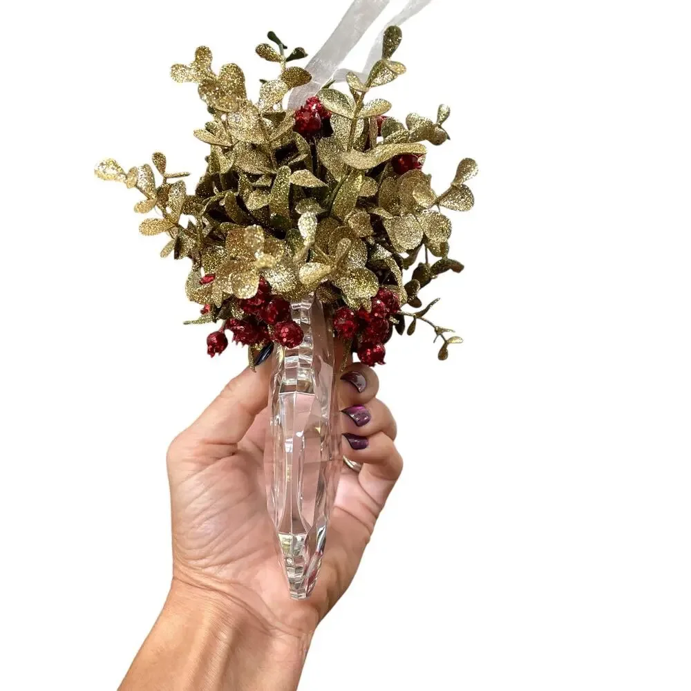 Kissing Krystals Acrylic Mistletoe Christmas Ornament Clear Green Gold Red Berry